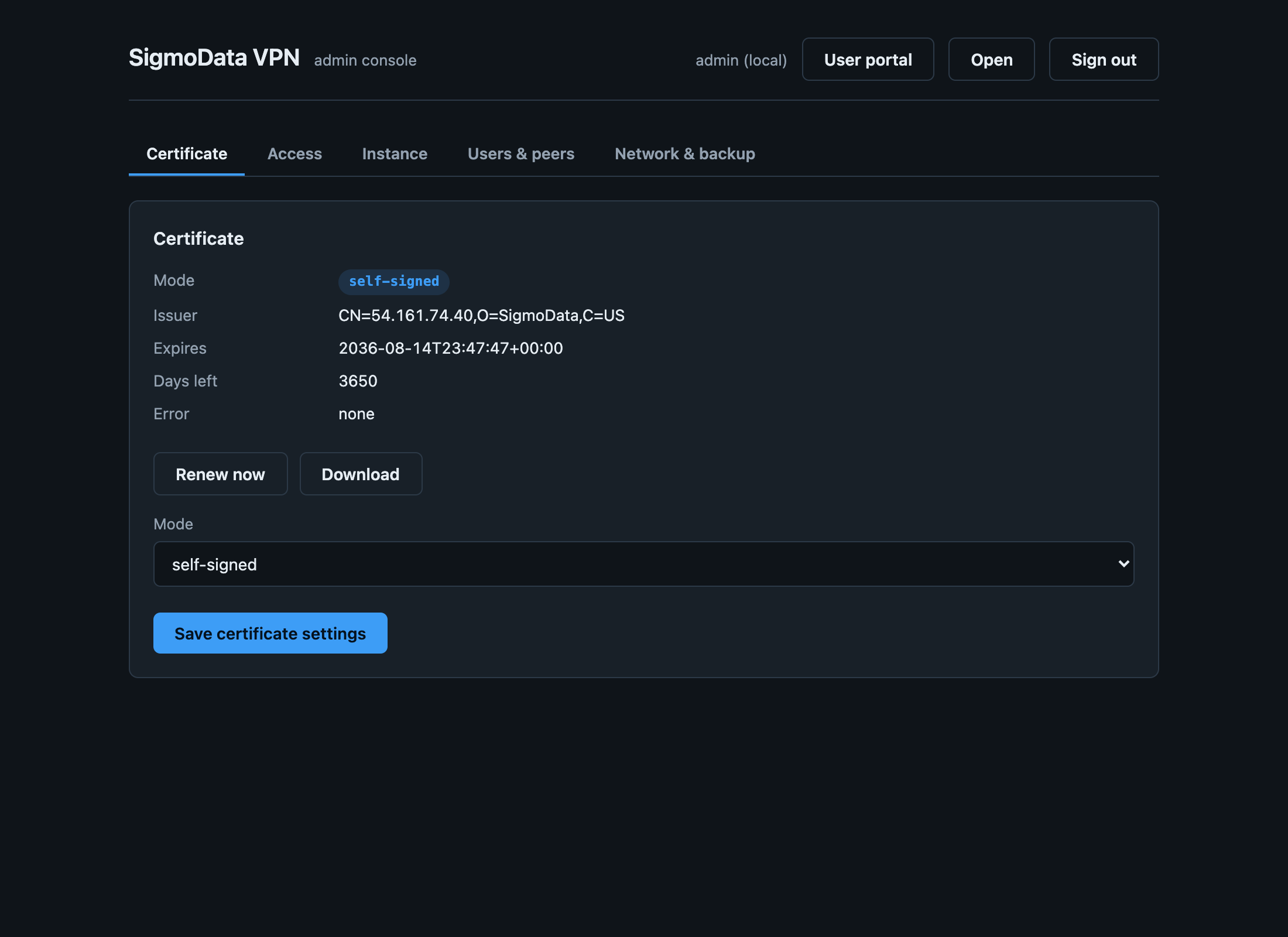 Admin certificate tab