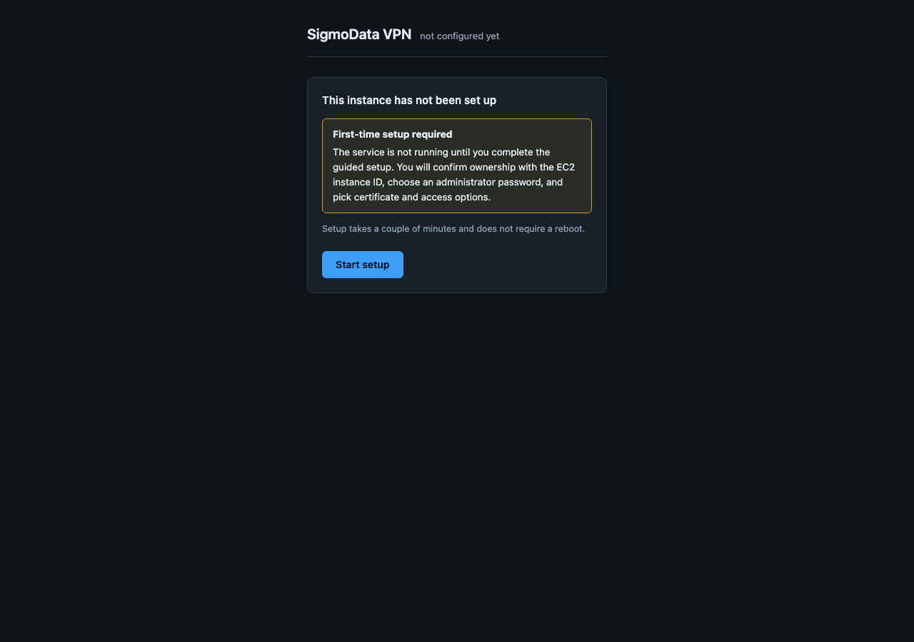Browser page stating the instance is not set up yet, with a Start setup button