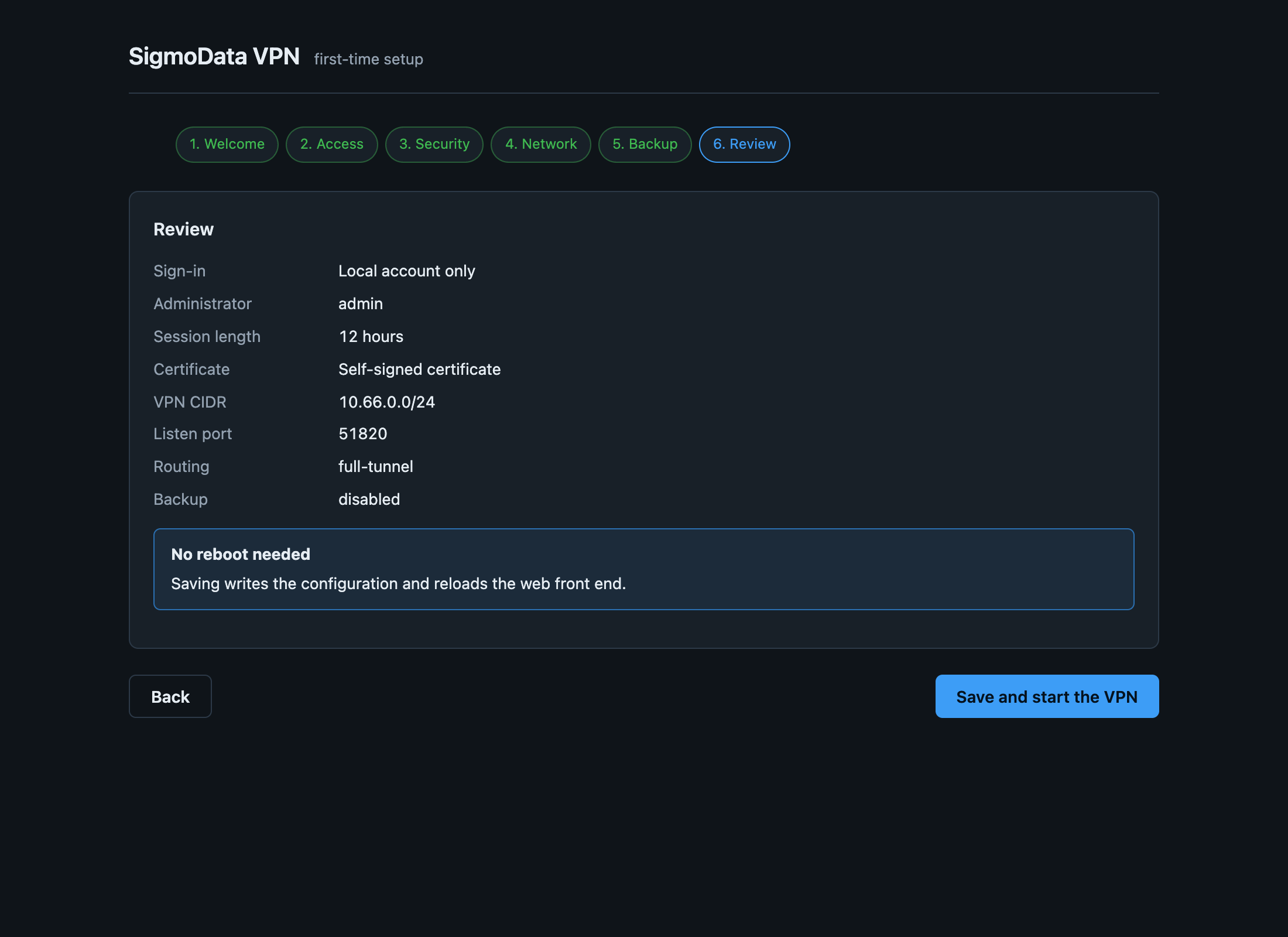 Wizard review step summarizing sign-in and certificate choices