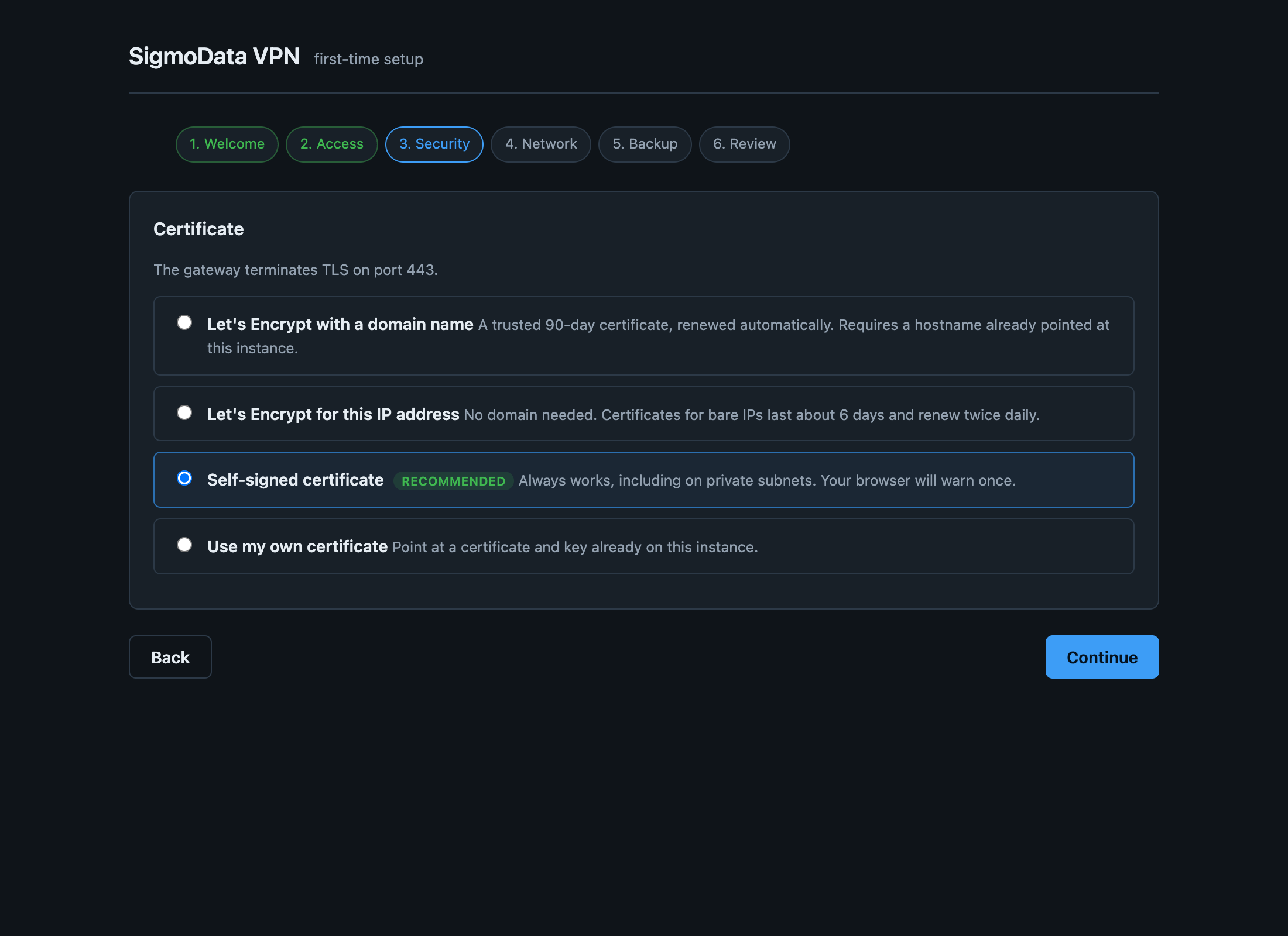 Certificate options in the setup wizard